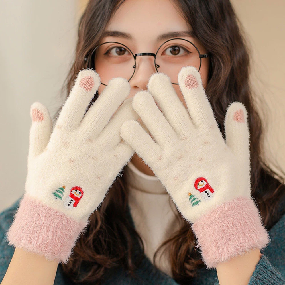 

Женские зимние теплые перчатки, шерстяные перчатки с вышивкой снеговика, варежки с пальцами для сенсорного экрана, рождественские подарки