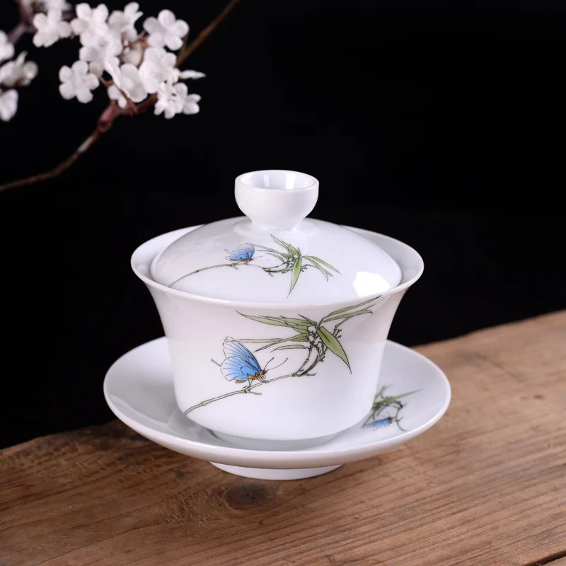 

Hand Painted Blue and White Porcelain Gaiwan Tea Tureen Chinese Ceramic Tea Bowl Set Covered Bowl with Lid Cup Saucer