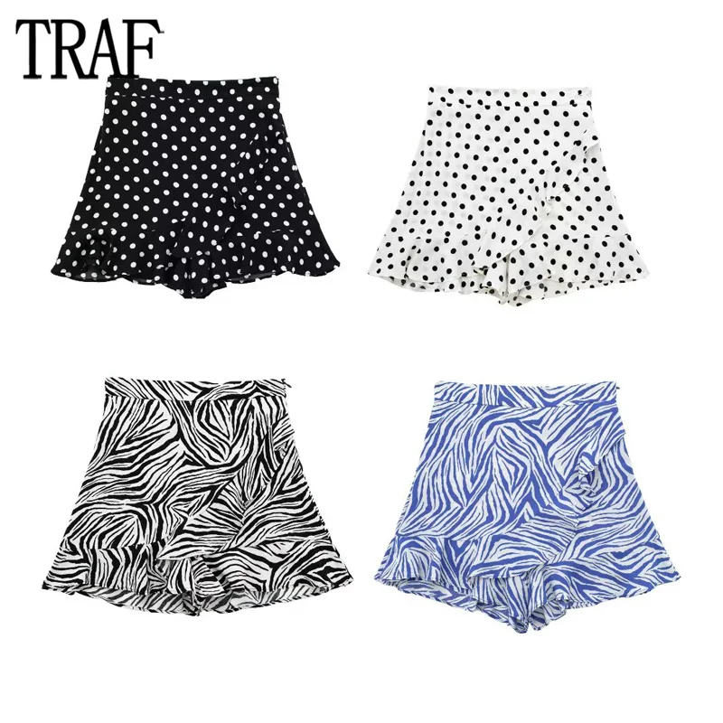 

TRAF 2023 Polka Dot Shorts for Women Print Ruffle Skirt Shorts Women Summer High Waist Shorts Women Skort Bermuda Shorts Woman