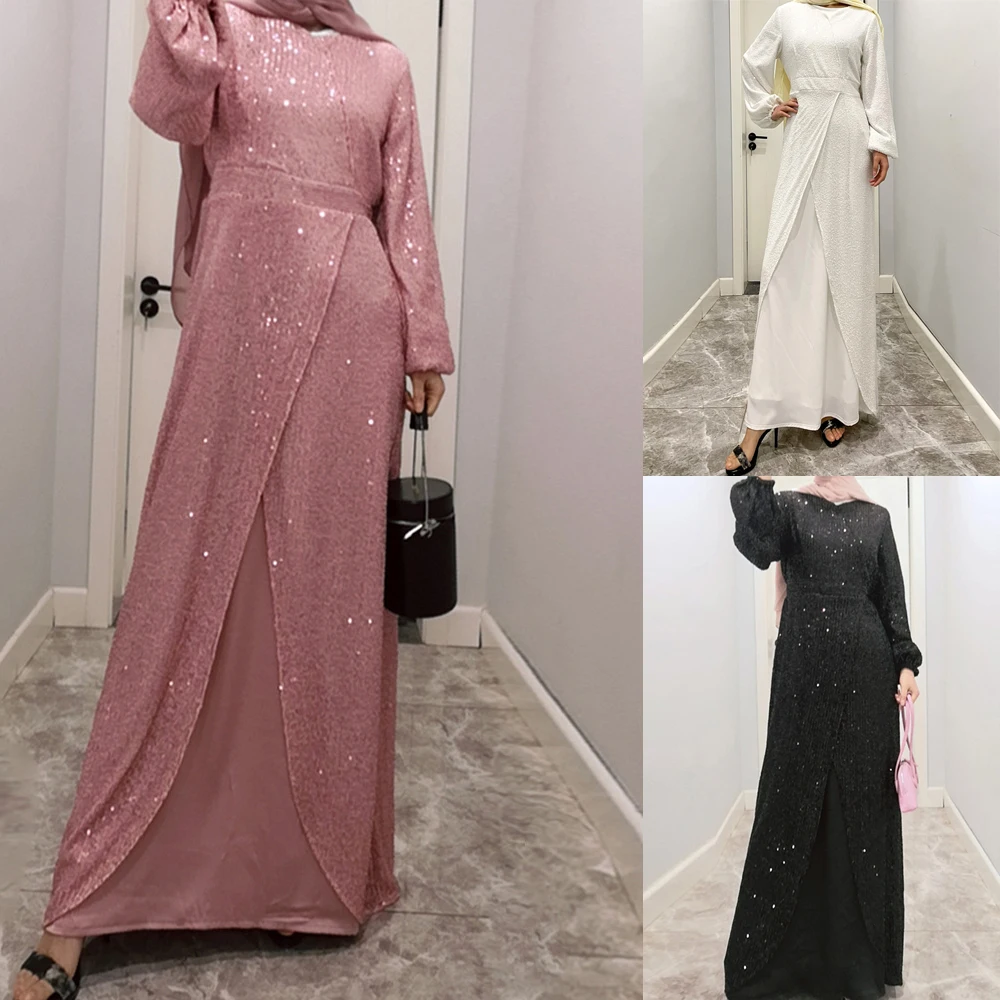 

Elegant Long Sleeve Sequin Maxi Dress Ankle Length Stretchy Women Evening Party Dress Luxury Ramadan Muslim Islamic Vestido Gown