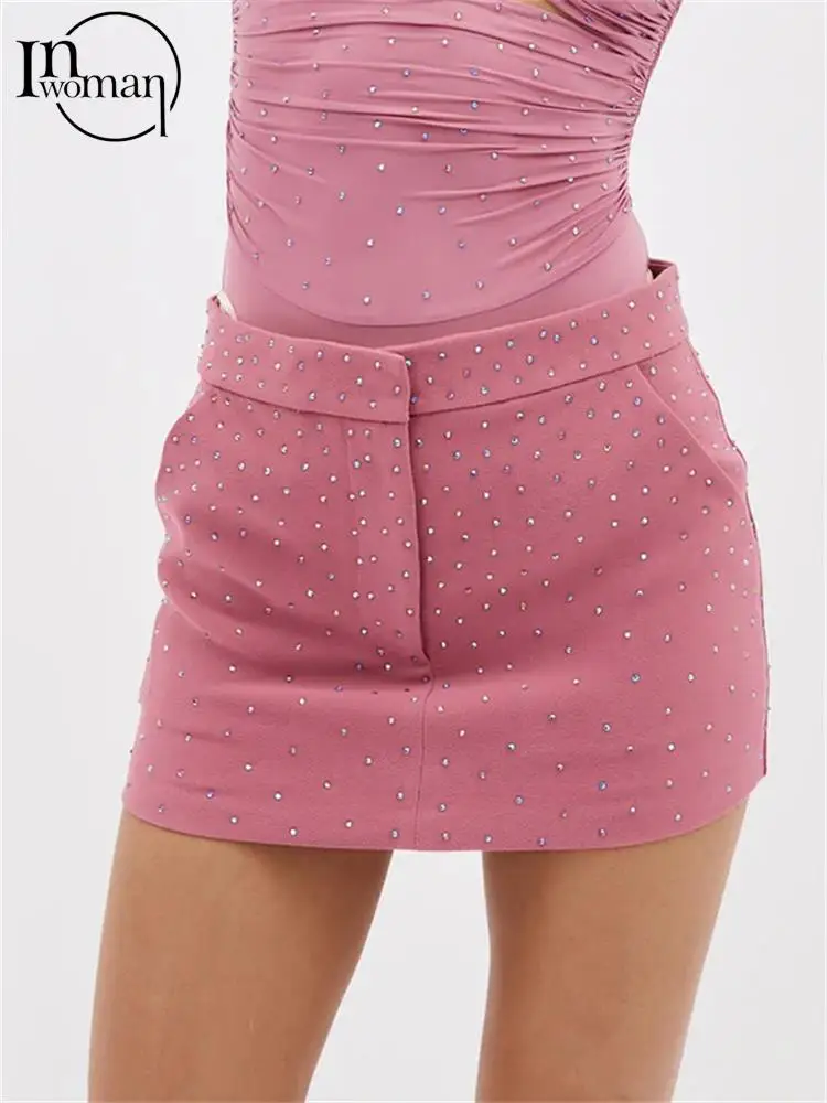 

Осенняя однотонная Клубная мини-юбка со стразами Inwoman, одежда для женщин 2023, розовая вечерняя облегающая юбка с низкой талией, повседневная ...