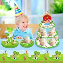 3-layers Cartoon Farm Animals Dog Milk Cow Chick Baby Shower Party DIY BIRTHDAY Cupcake Display Stand Small Cake Decors Stand