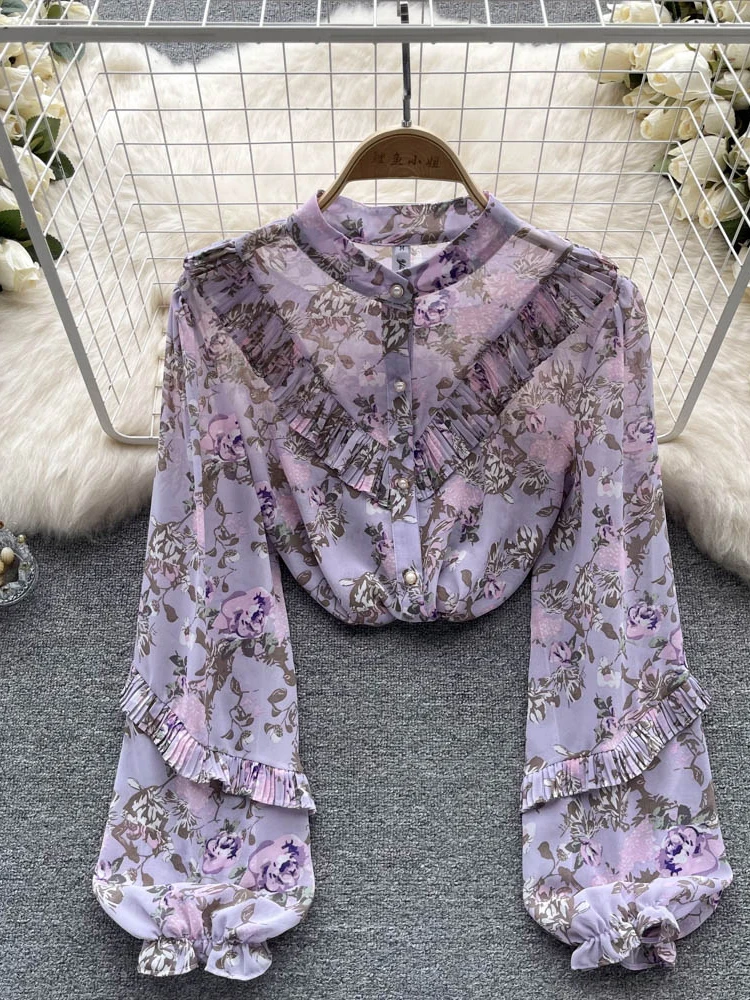 Women Autumn Winter Shirt Stand Collar Single Breasted Sweet Floral Chiffon Shirt with Bubble Sleeves and Wooden Ear Edge D2589
Women Autumn Winter Shirt Stand Collar Single Breasted Sweet Floral Chiffon Shirt with Bubble Sleeves and Wooden Ear Edge D2589