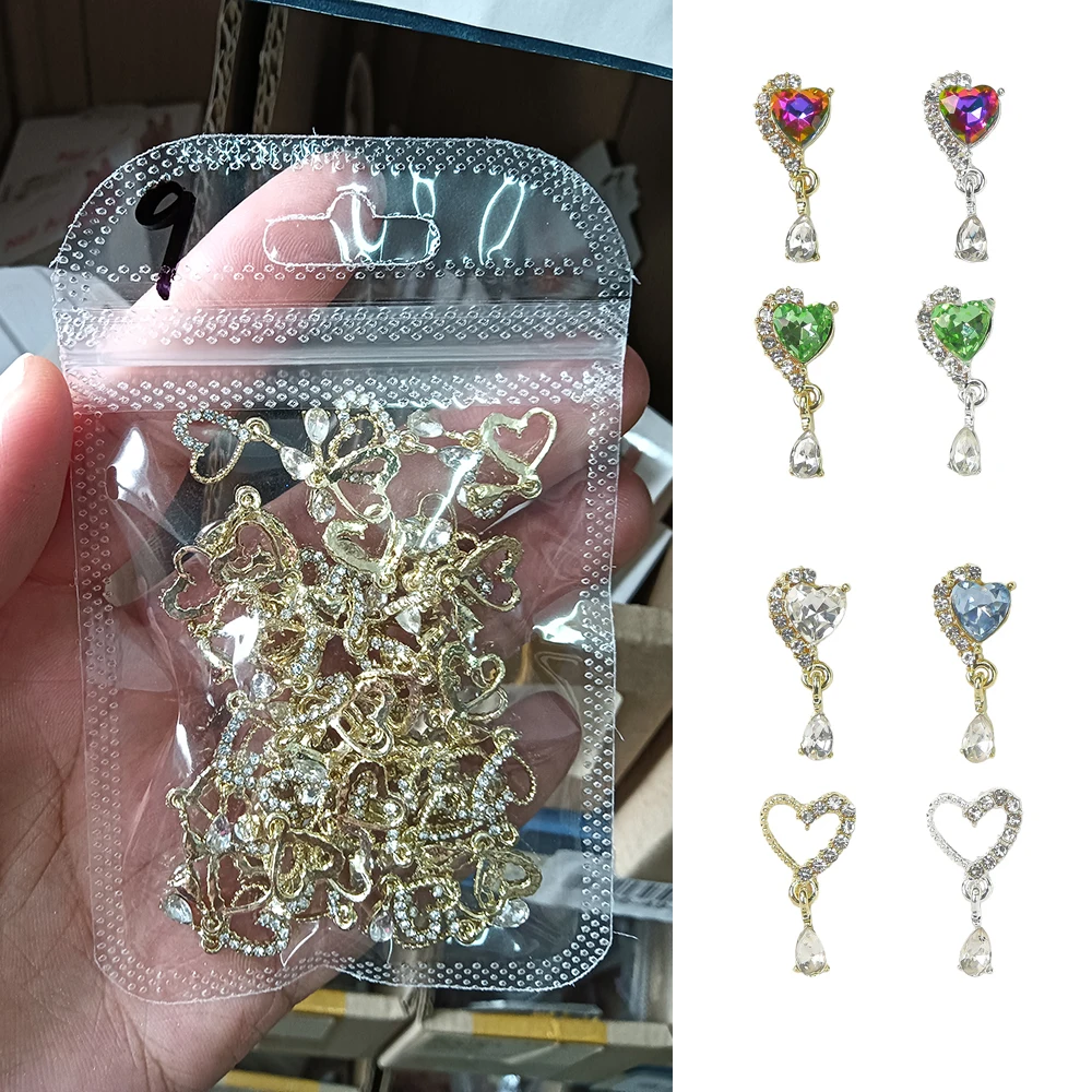 

Luxury Crystal Nail Charms 10pcs Dangle Nail Art Rhinestones Heart Charms for Nails Flower Nail Crystals Heart 3D Alloy Gems