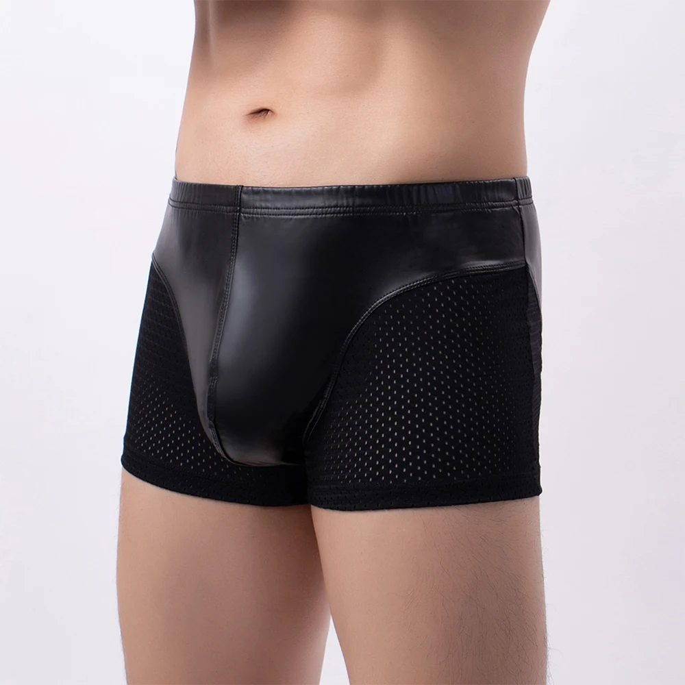 Fashion Faux Leather Men Boxers Shorts Mesh Convex Pouch Underpants High Quality Sexy Breathable Boy Sissy Boxershorts Underwear
Fashion Faux Leather Men Boxers Shorts Mesh Convex Pouch Underpants High Quality Sexy Breathable Boy Sissy Boxershorts Underwear