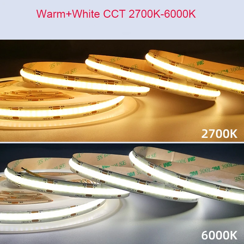 

DC12V 24V 608 LEDs/M COB CCT LED Strip Lights High Density Flexible Dimmable FOB Led Tape 2700K to 6500K Changeable Lighting
