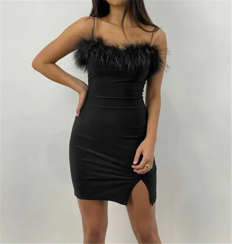 Ladies Temperament Short Slip Dress Women Leisure Style Solid Color Feather Splicing Side Split Sleeveless Slim Hip Dress
Ladies Temperament Short Slip Dress Women Leisure Style Solid Color Feather Splicing Side Split Sleeveless Slim Hip Dress