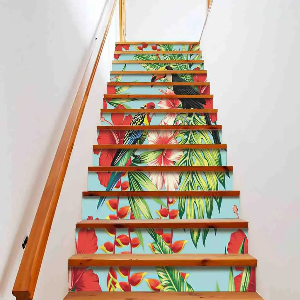 

Parrot Stair Stickers Colorful Macaw Stairway Decals Tropical Birds Forest Waterfall Self-adhesive Staircase Murals Home Decor