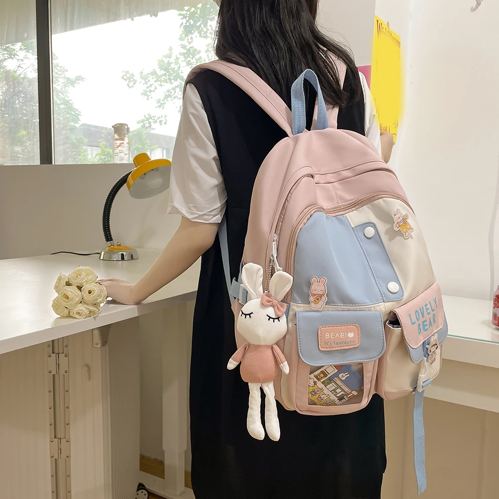 

Japanese Women Backpack Preppy Style Hit Color Multi-Pocket Students Pendant Schoolbag Female Large Capacity Laptop Bookbags