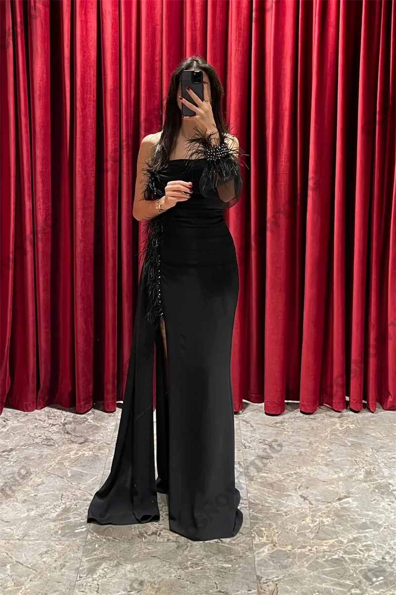 Elegant Satin Feather Muslim Evening Dresses Sleeveless Islamic Formal Party Gowns Strapless Slit Women Arabic Robes De Soirée
Elegant Satin Feather Muslim Evening Dresses Sleeveless Islamic Formal Party Gowns Strapless Slit Women Arabic Robes De Soirée