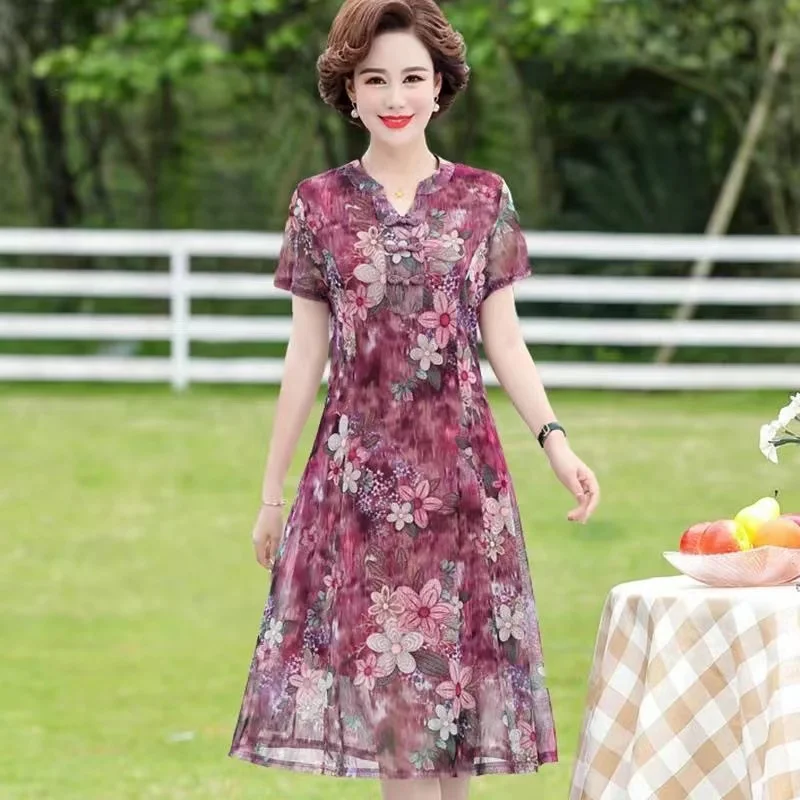 

EE29 New middle-aged mom summer chiffon dress with a stylish waistband that looks slimmer for middle-aged and elderly women