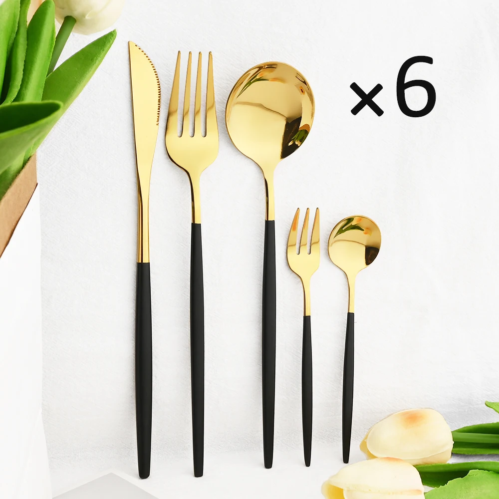 24/30Pcs Black Gold Cutlery Set Knife Cake Forks Tea Spoons Flatware Stainless Steel Tableware Dinnerware Set Kitchen Silverware 
24/30Pcs Black Gold Cutlery Set Knife Cake Forks Tea Spoons Flatware Stainless Steel Tableware Dinnerware Set Kitchen Silverware
