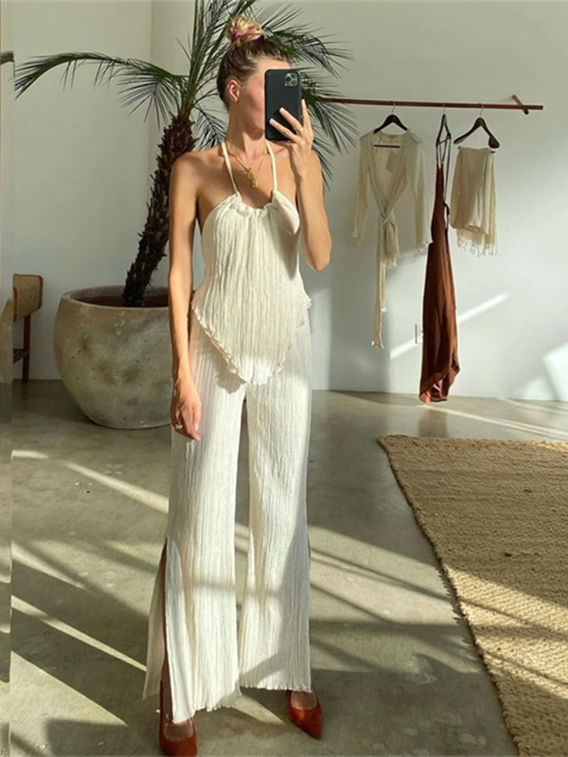 Sexy Wide Leg Pants Sets Women Summer Chic Clothing Halter Backless Tank Top and Pleated Trousers Two Piece Matching Set Outfits
Sexy Wide Leg Pants Sets Women Summer Chic Clothing Halter Backless Tank Top and Pleated Trousers Two Piece Matching Set Outfits