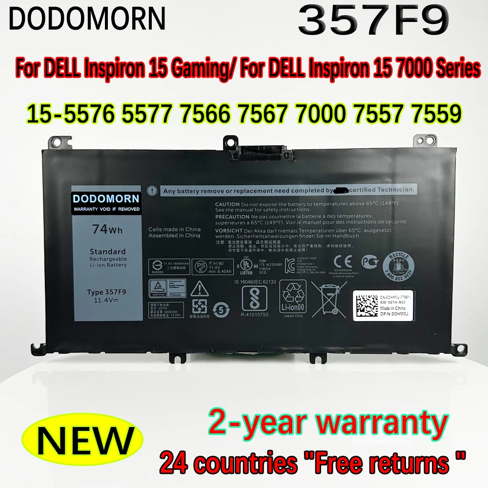 

DODOMORN 357F9 Laptop Battery For Dell Inspiron 15 Gaming 5576 5577 7557 7559 7566 7567 7000 P65F P57F P65F001 P57F001 74Wh