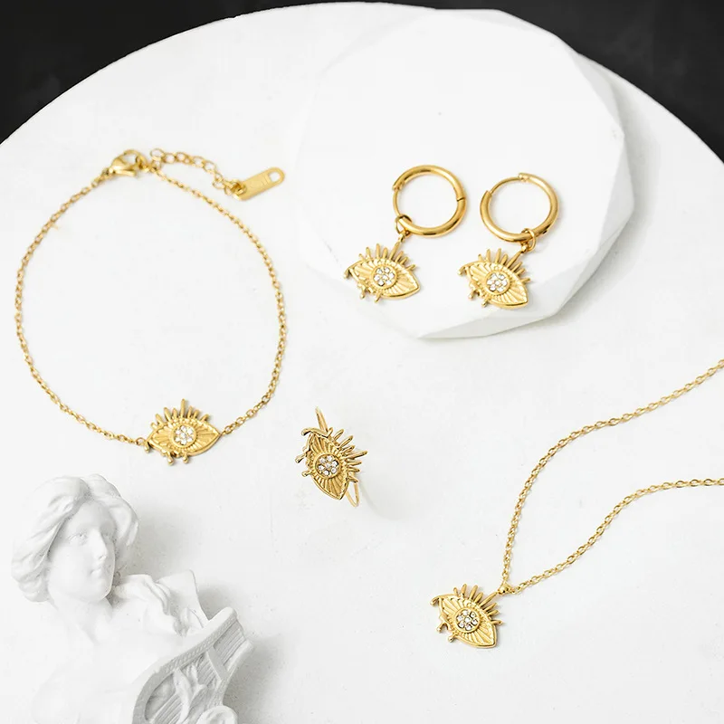 GD Trendy 316L Gold Color Evil Eye Stainless Steel Hoop Earrings Necklace Set for Women 18k Real Gold Plated Necklace Rings
GD Trendy 316L Gold Color Evil Eye Stainless Steel Hoop Earrings Necklace Set for Women 18k Real Gold Plated Necklace Rings
