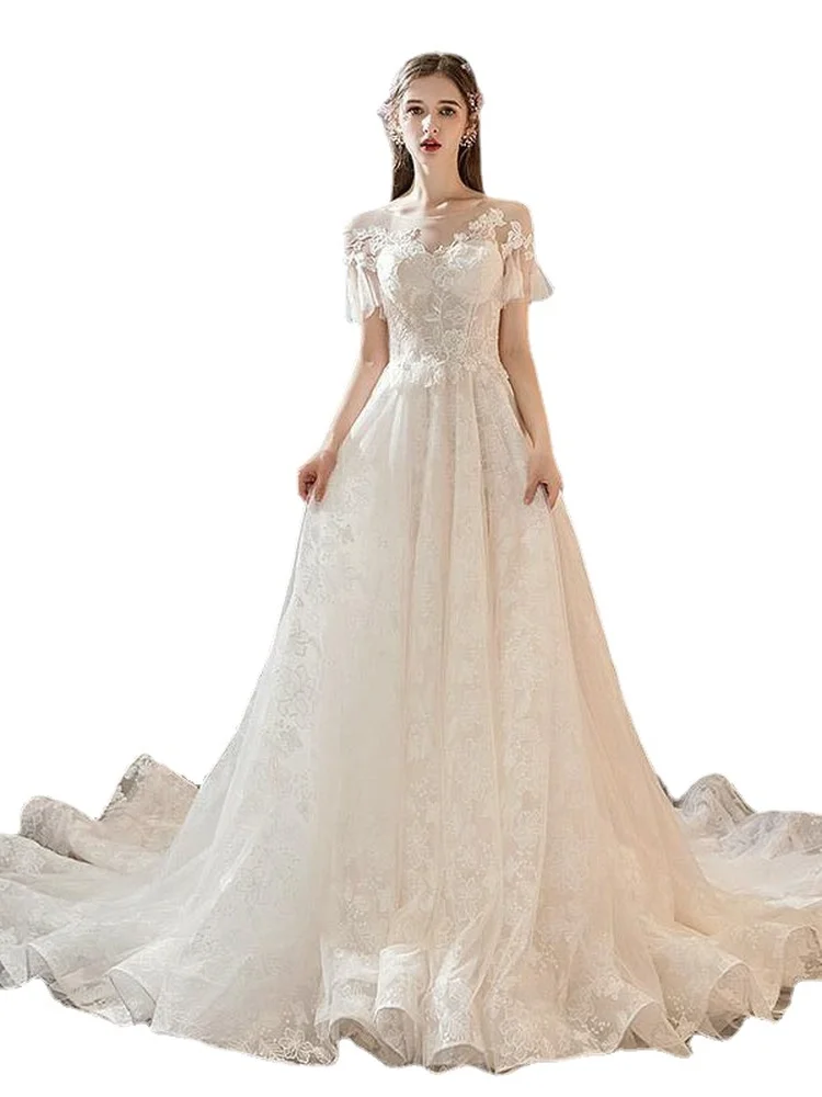 Round Neck Short Sleeves Lace Up Back Ball Gown White Wedding Dress Luxury Custom Lace Bridal Gown
Round Neck Short Sleeves Lace Up Back Ball Gown White Wedding Dress Luxury Custom Lace Bridal Gown