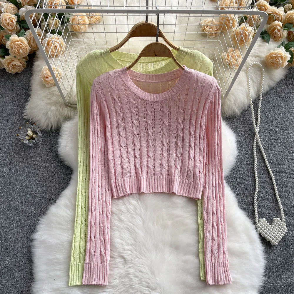 

Женский трикотажный пуловер с длинным рукавом, облегающий Однотонный свитер с круглым вырезом, короткий топ в винтажном французском стиле, ...