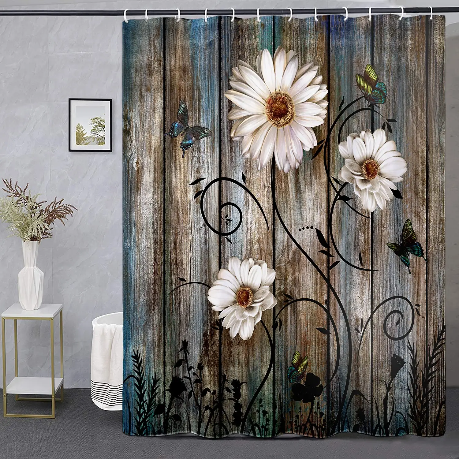 Rustic Shower Curtain Set Grey Floral Fabric Bath Curtain Butterfly Daisy American Country Farm Style Bathroom Decor with Hooks
Rustic Shower Curtain Set Grey Floral Fabric Bath Curtain Butterfly Daisy American Country Farm Style Bathroom Decor with Hooks