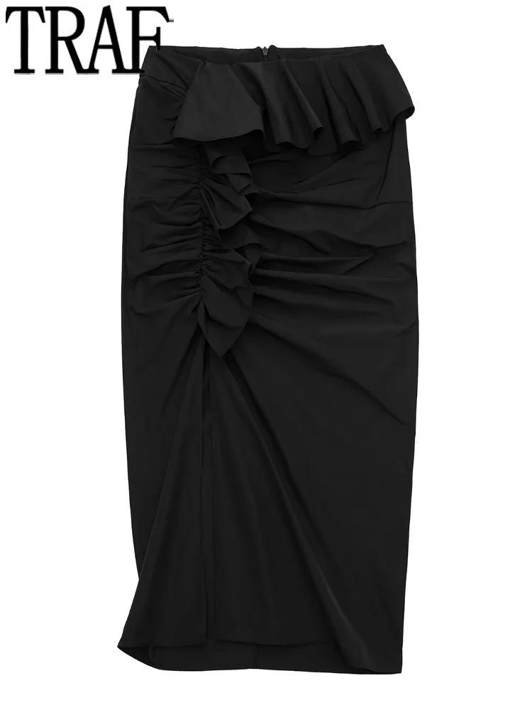 TRAF 2022 Black Ruffle Midi Skirt Woman High Waist Elegant Women's Long Skirts Fashion Slit Autumn Pleated Skirts For Women
TRAF 2022 Black Ruffle Midi Skirt Woman High Waist Elegant Women's Long Skirts Fashion Slit Autumn Pleated Skirts For Women