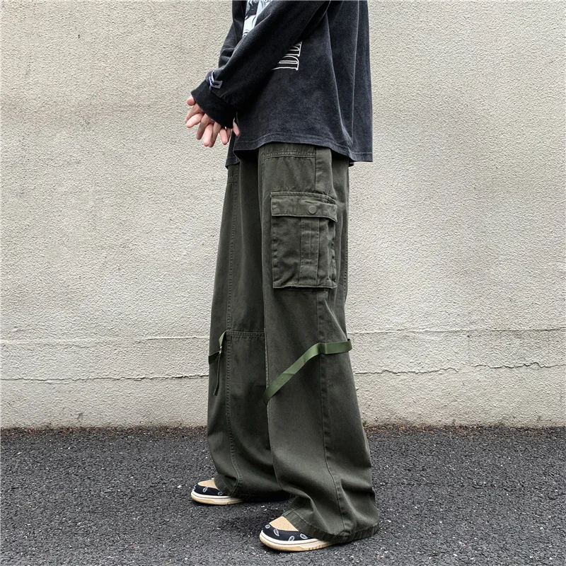 

Новинка 2022, Мужская рабочая одежда, модные свободные штаны для бега в южнокорейском стиле, повседневные мужские брюки в стиле хип-хоп армейского зеленого цвета с несколькими карманами