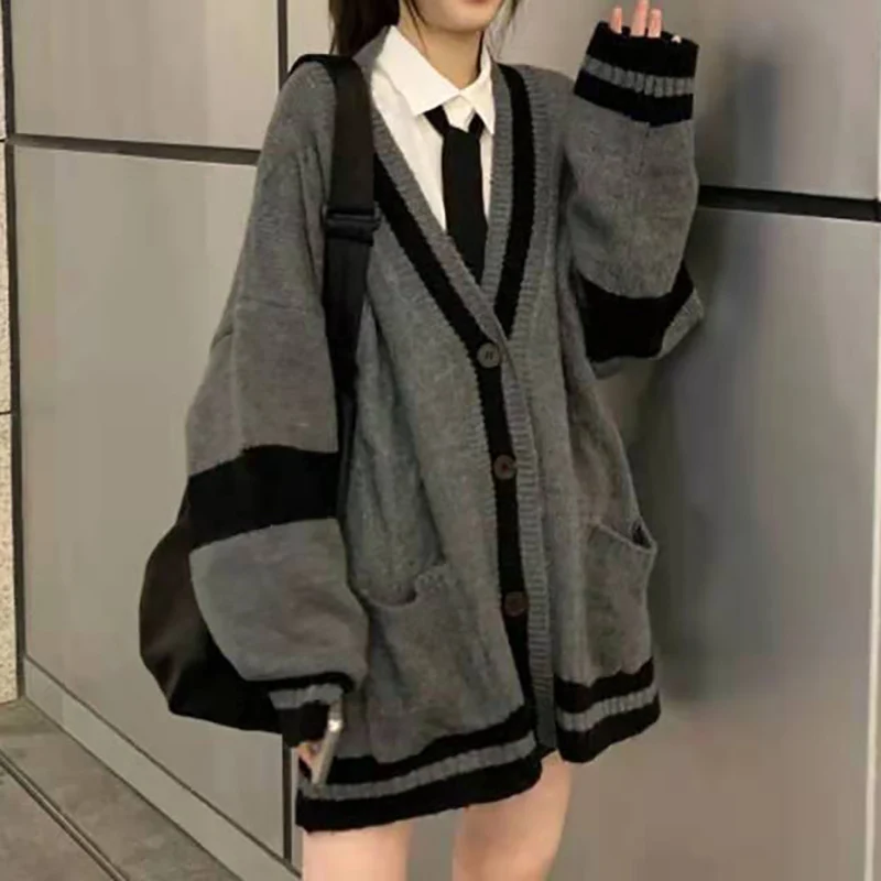 Long Sleeve V Neck Preppy Style Knit Sweater Women Autumn Single Breasted Cotton Warm Cardigan Patchwork Grey Long Sweaters Coat
Long Sleeve V Neck Preppy Style Knit Sweater Women Autumn Single Breasted Cotton Warm Cardigan Patchwork Grey Long Sweaters Coat