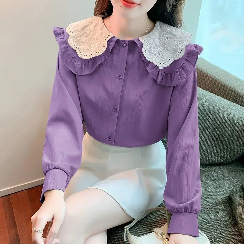 Lace Shirts and Blouses Japan Style Elegant and Youth Woman Blouses Petal Pan Collar Long Sleeve Tops Women Shirts for Summer
Lace Shirts and Blouses Japan Style Elegant and Youth Woman Blouses Petal Pan Collar Long Sleeve Tops Women Shirts for Summer