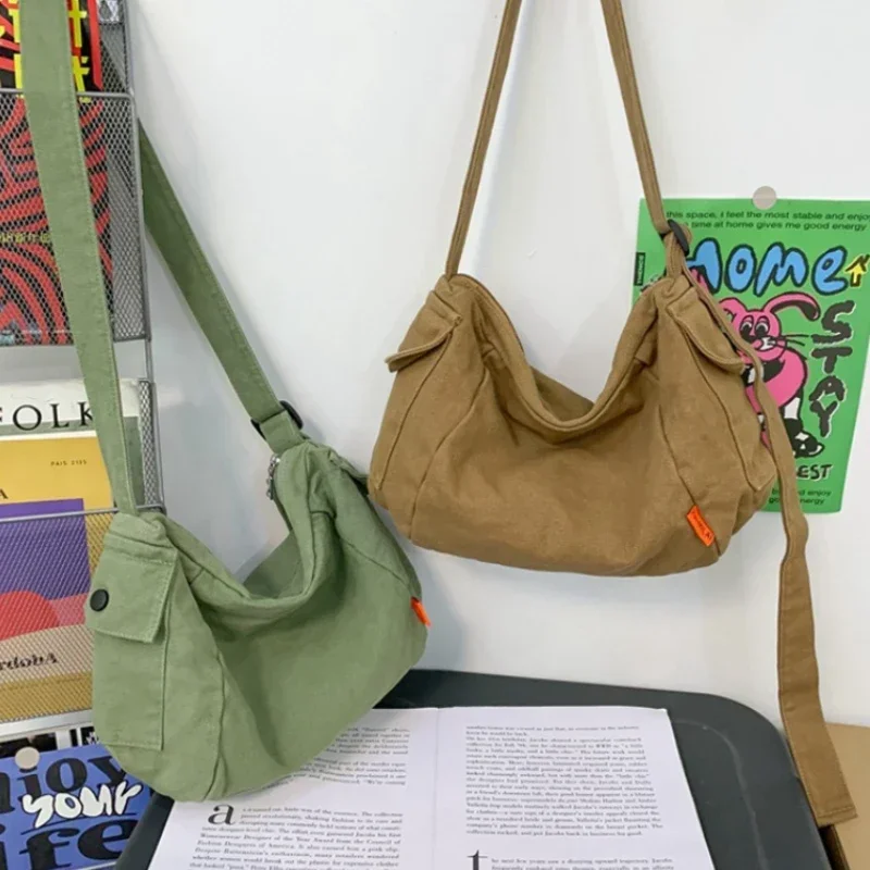 

Female Canvas Fabric Hobo Soft Slouchy Shoulder Bag Y2K Student Leisure Medium Size School Book Laptop Pouch Messenger Side Bag