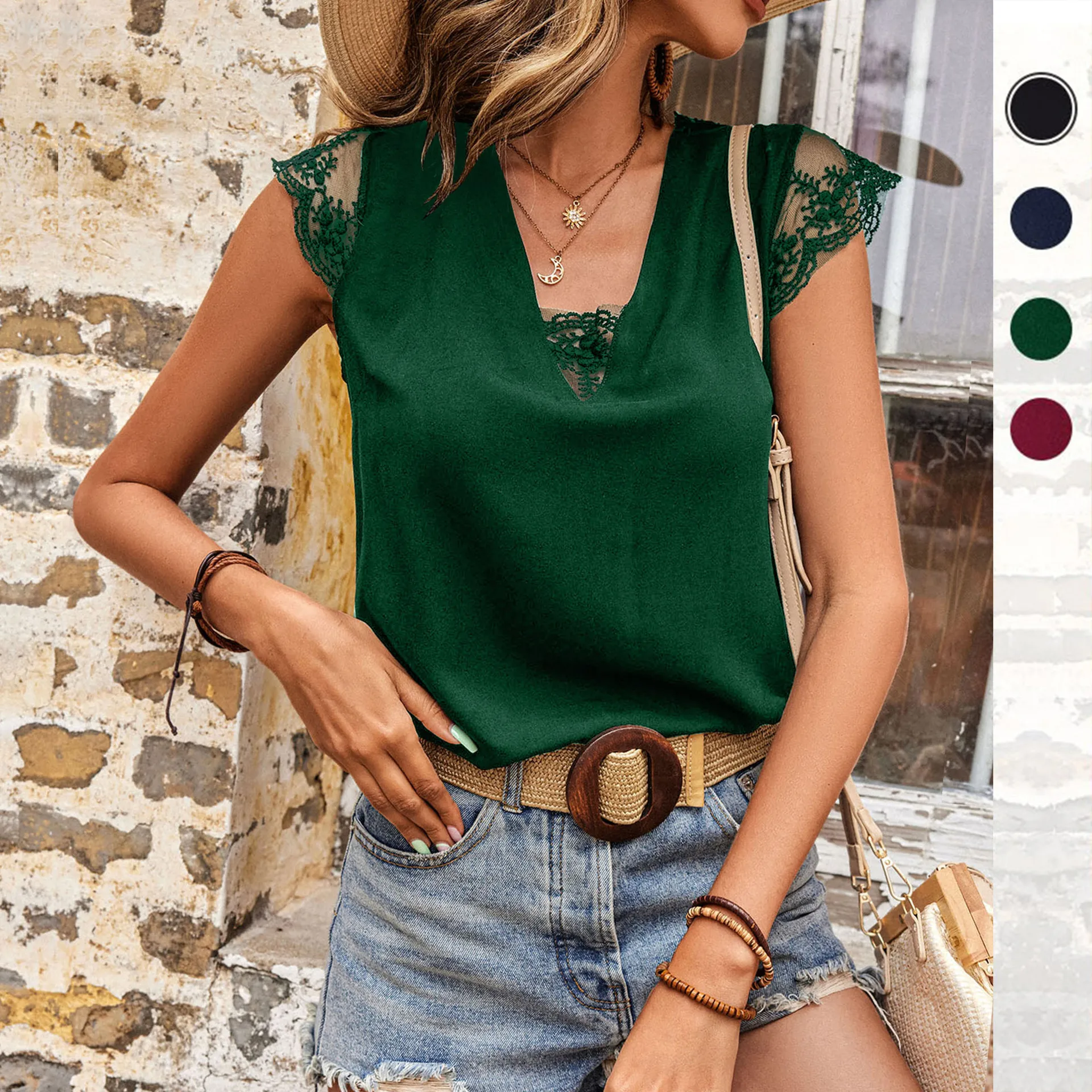 Summer New Lace Stitching Petal Sleeve V-Neck Short-Sleeved T-Shirt Women's Fashion Casual Loose Solid Color Vintage Blouse Tops
Summer New Lace Stitching Petal Sleeve V-Neck Short-Sleeved T-Shirt Women's Fashion Casual Loose Solid Color Vintage Blouse Tops