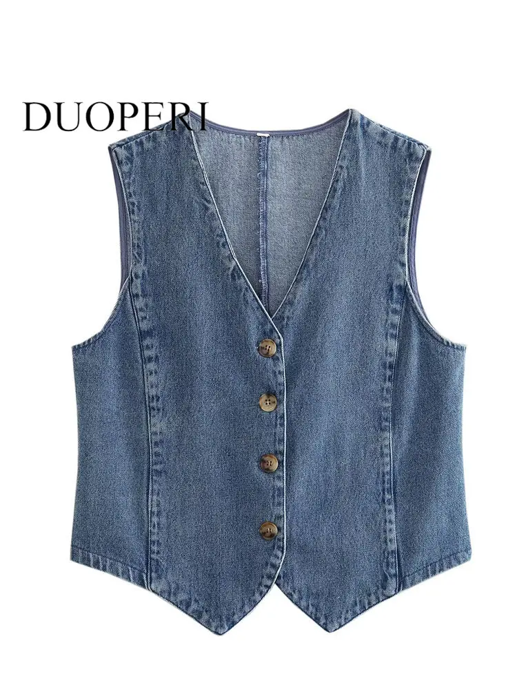 DUOPERI Women Fashion Denim Blue Single Breasted Vest Waistcoats Vintage V-Neck Sleeveless Female Chic Lady Tank Tops
DUOPERI Women Fashion Denim Blue Single Breasted Vest Waistcoats Vintage V-Neck Sleeveless Female Chic Lady Tank Tops