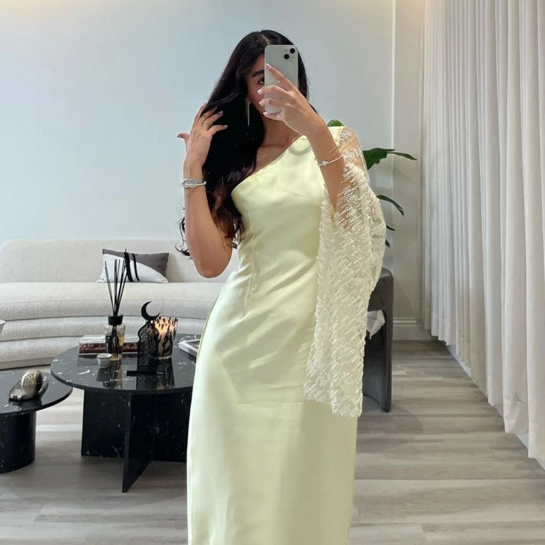 

Saudi Arabia Women Shinny Evening Gowns One Shoulder Prom Dresses Long Sleeve Bridesmaid Side Slit l Party dress فساتين سهره