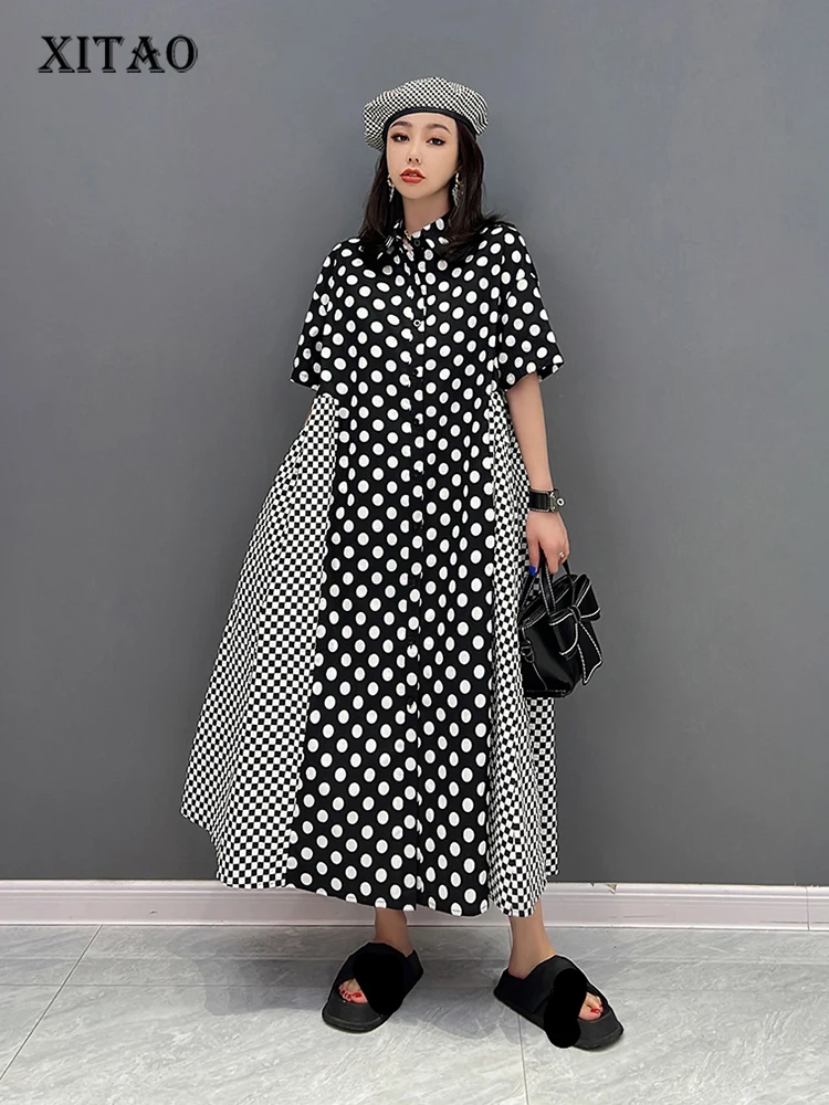 

XITAO Casual Shirt Dress Contrast Color Polka Dots Print Splicing Summer New Loose Women Single Breasted Shirt Dress WLD8601