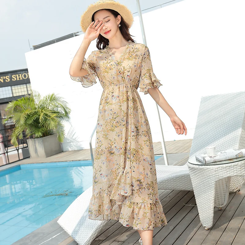 Spring new women's mid-length dress chiffon short-sleeved slim dress seaside holiday beach skirt
Spring new women's mid-length dress chiffon short-sleeved slim dress seaside holiday beach skirt