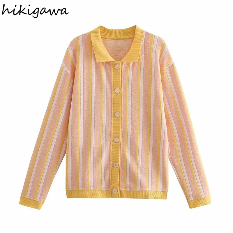 Hikigawa Women Fashion New Jacquard Striped Turn Down Collar Knitting Cardigans Vintage Long Sleeve Shirts Female Chic Tops
Hikigawa Women Fashion New Jacquard Striped Turn Down Collar Knitting Cardigans Vintage Long Sleeve Shirts Female Chic Tops