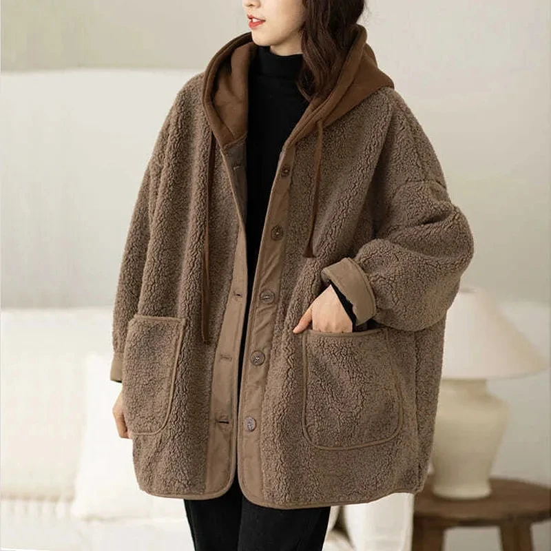Hoodies Lamb Wool Coat Women's Autumn Winter Fashion New Splice Loose Single-breasted Long Sleeve Female Faux Fur Jacket Abrigos
Hoodies Lamb Wool Coat Women's Autumn Winter Fashion New Splice Loose Single-breasted Long Sleeve Female Faux Fur Jacket Abrigos