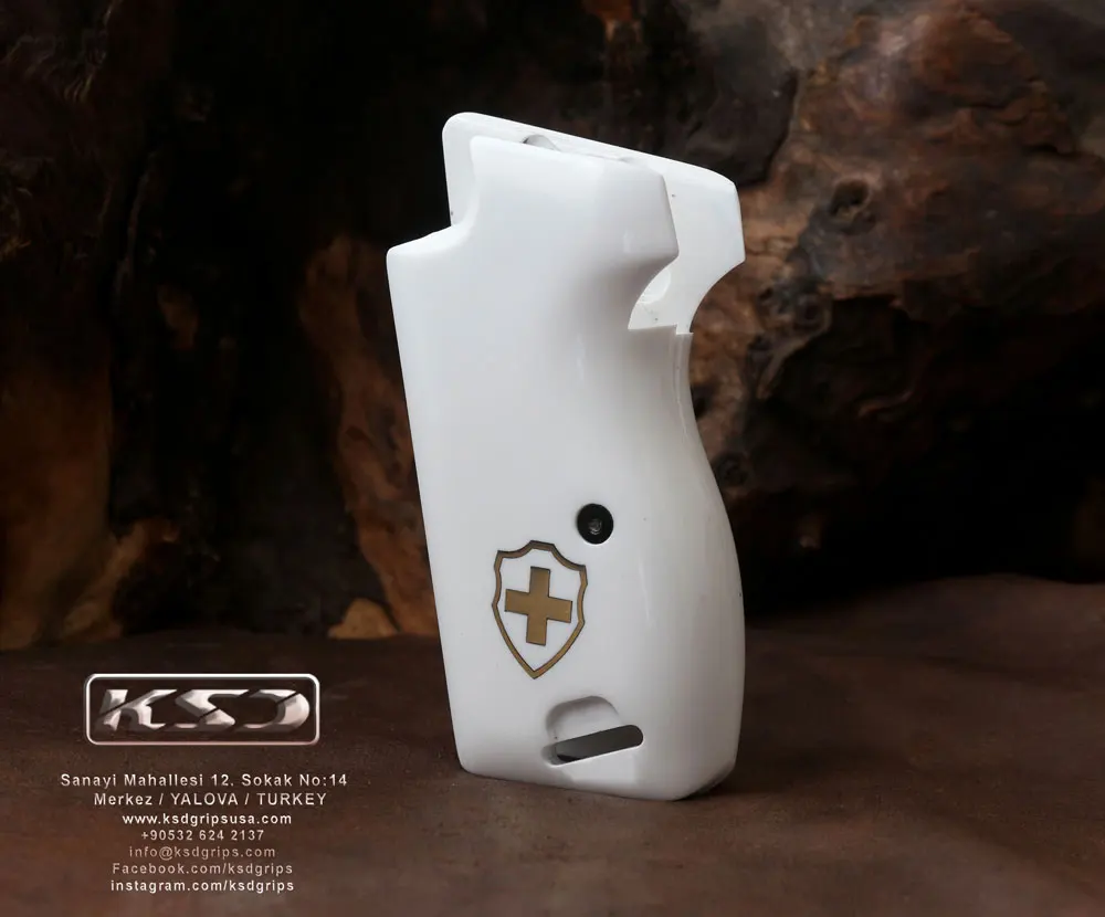 Ksd SIG P210 Heavy Frame P210-5 / P210-6 (with lanyard ring) model Compatible White Acrylic Grip for Replacement (Swiss Cross)
Ksd SIG P210 Heavy Frame P210-5 / P210-6 (with lanyard ring) model Compatible White Acrylic Grip for Replacement (Swiss Cross)
