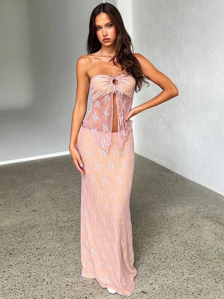 Mozision Pink Lace Rose Print Dress Set Women Lace-up Strapless Crop Top And Skirt Matching Sets Sheer Sexy Party Two Piece Set
Mozision Pink Lace Rose Print Dress Set Women Lace-up Strapless Crop Top And Skirt Matching Sets Sheer Sexy Party Two Piece Set