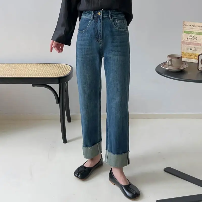 

Состаренные джинсы с необработанным краем и завышенной талией, Молодежные укороченные джинсы, женские прямые джинсы на раннюю осень 2023 года, Bm725