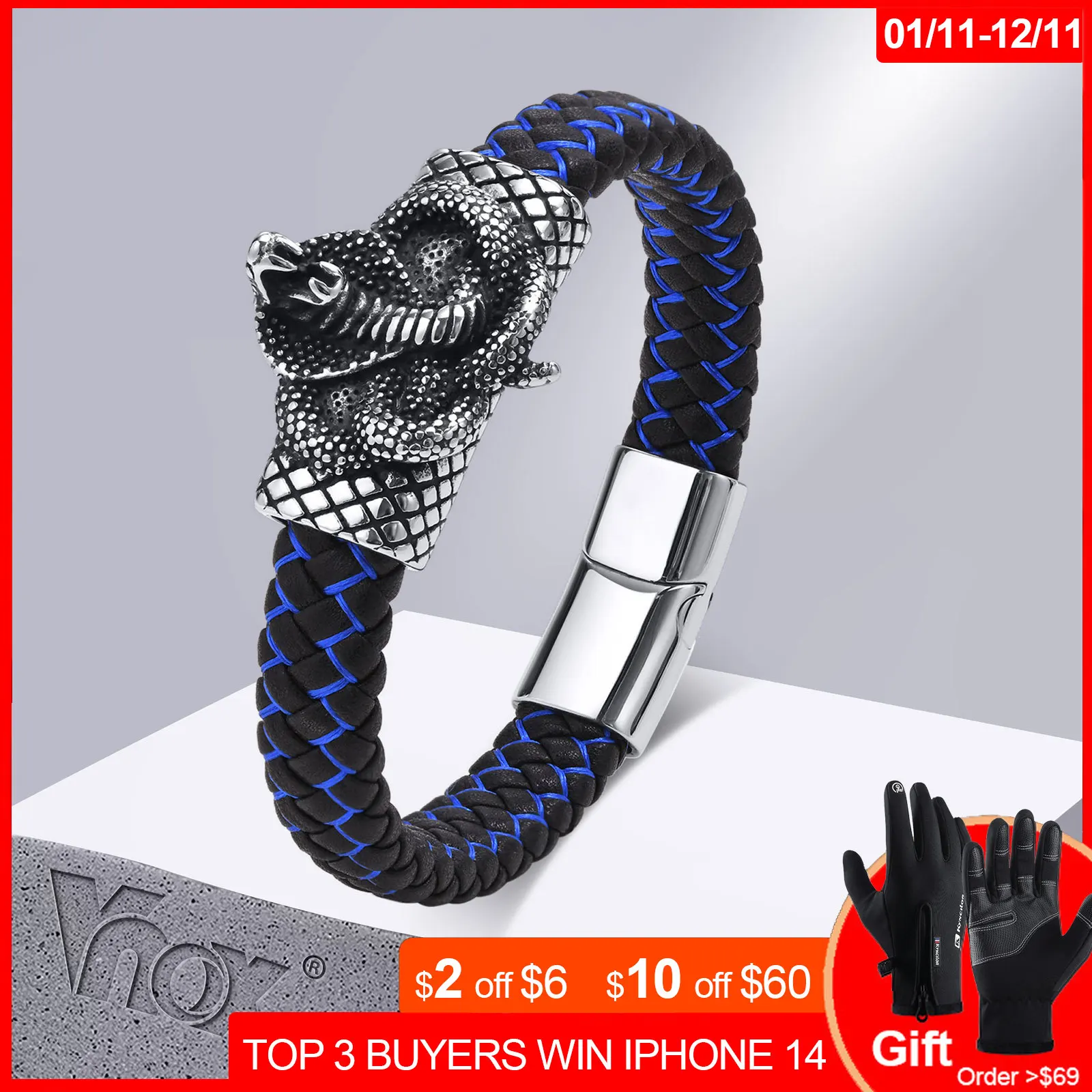Vnox Cool Animal Snake Leather Braided Viking Bracelets for Men Boys,Vintage Silver Color Stainless Steel Wirstband Jewelry
Vnox Cool Animal Snake Leather Braided Viking Bracelets for Men Boys,Vintage Silver Color Stainless Steel Wirstband Jewelry