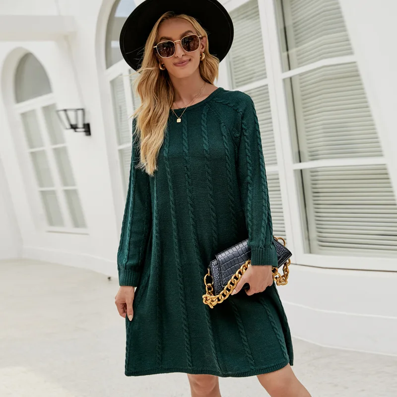 Round necked twisted flower loose A-line knitted dress popular autumn and winter fashion solid color long woolen dress
Round necked twisted flower loose A-line knitted dress popular autumn and winter fashion solid color long woolen dress