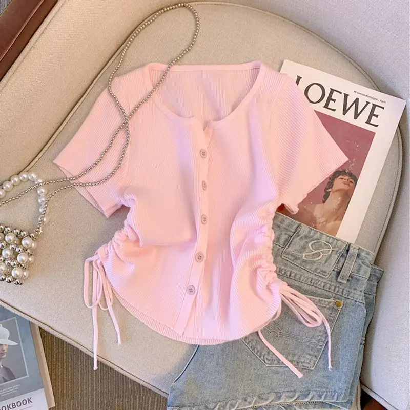 Pink Short Sleeve T-shirt Women's Summer New Short Knitted Cardigan Round Neck Top
Pink Short Sleeve T-shirt Women's Summer New Short Knitted Cardigan Round Neck Top