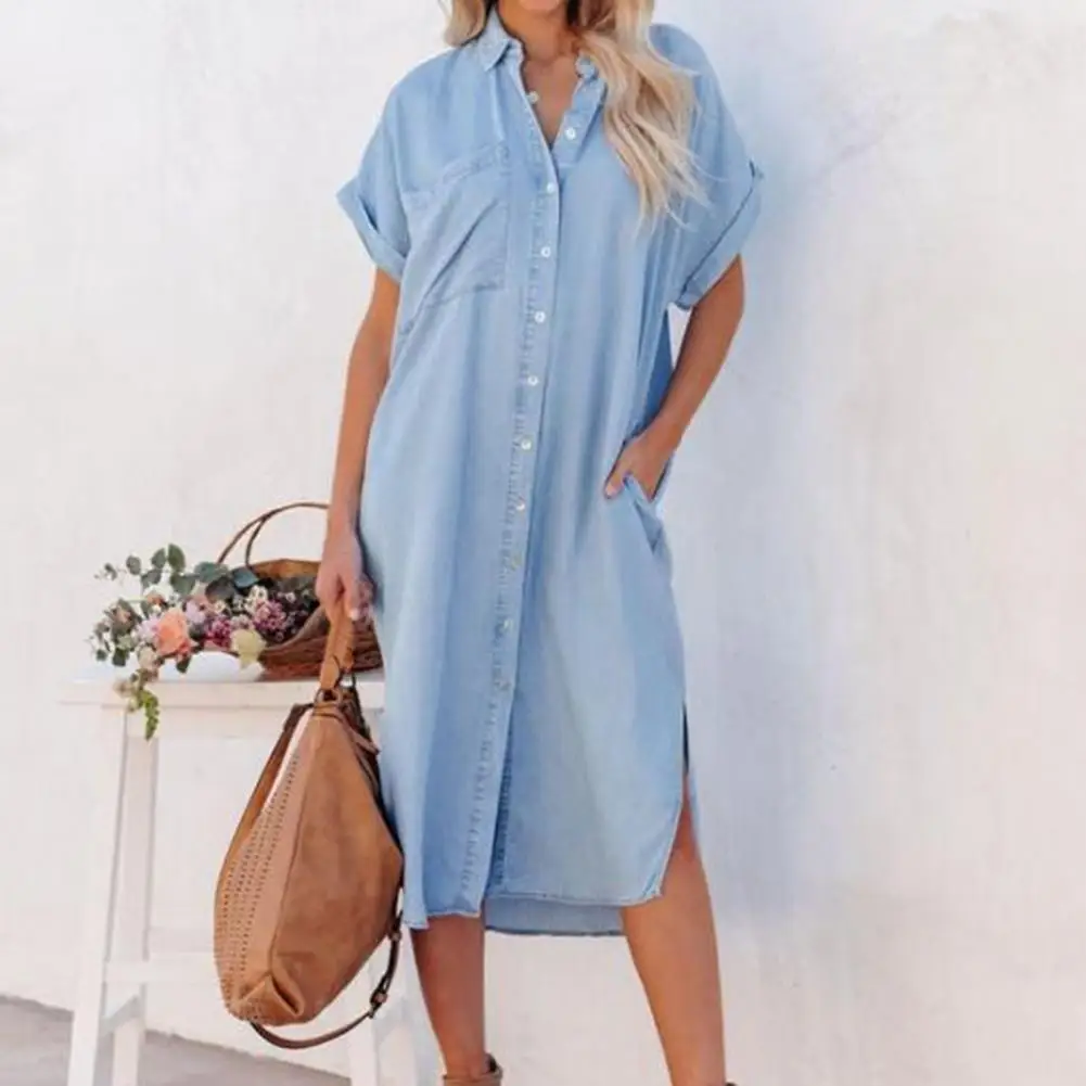 Quick Dry Terrific Casual Women Dress Lightweight Summer Denim Dress Turn-down Collar for Shopping
Quick Dry Terrific Casual Women Dress Lightweight Summer Denim Dress Turn-down Collar for Shopping