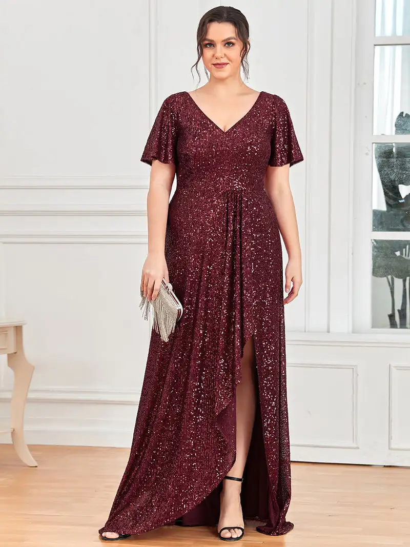 

Gorgeous Evening Dresses Deep V Neck Short Ruffles Sleeves Split design Ever Pretty 2023 of A-Line Burgundy Bridesmaid skirt