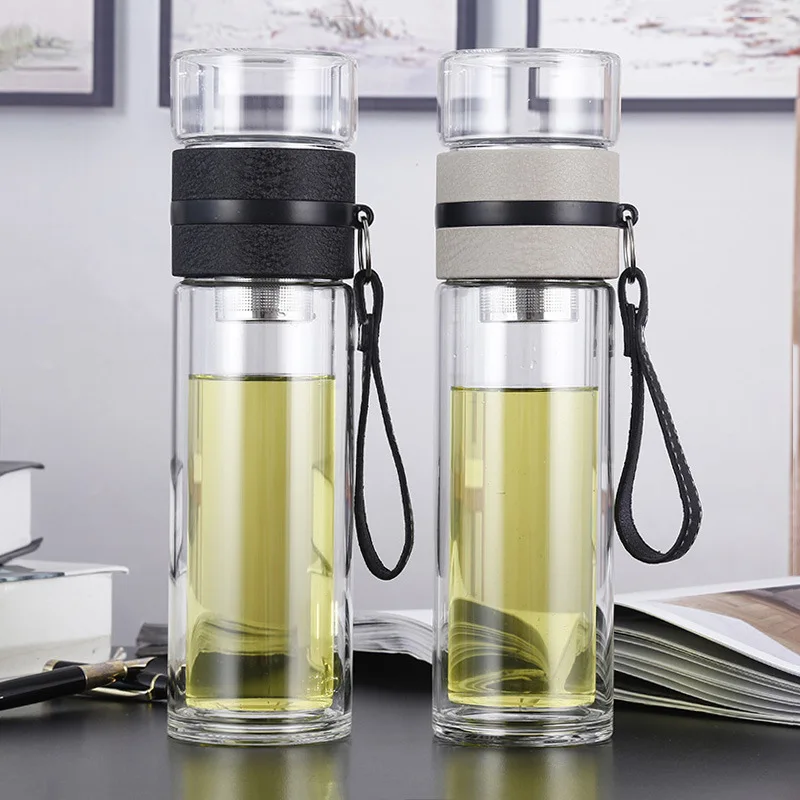 

500ml Glass Water Bottles For Dink Tea With Infuser Double Wall Bottle For Water Brief Portable Outdoor Drinkware Cup