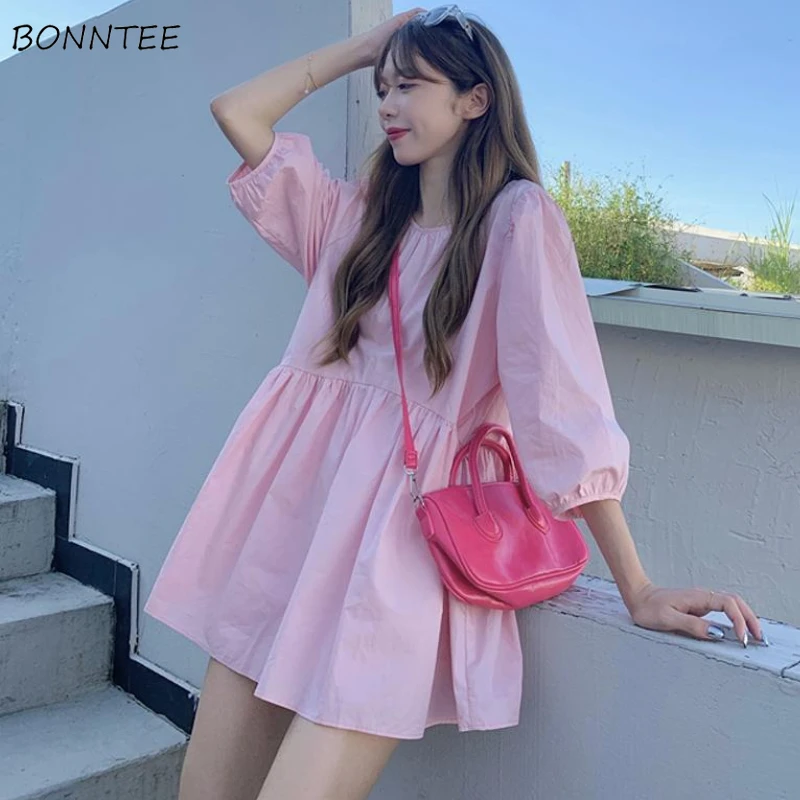 

Pink Mini Dresses Women Sweet Loose Design Casual Popular Summer Shirring Daily Lovely Holiday Sundress Ulzzang Simple Preppy