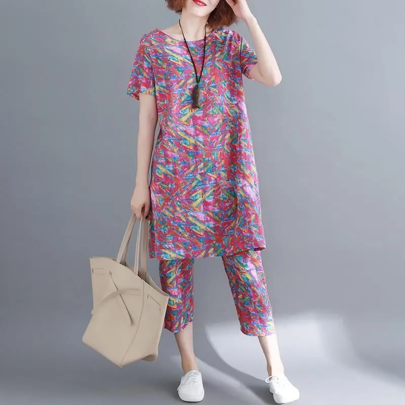 2022 Summer Women's New Large Size Loose Suits Female Long O-neck Print Tops + Loose Wide-leg Pants Ladies Two-piece Sets W79
2022 Summer Women's New Large Size Loose Suits Female Long O-neck Print Tops + Loose Wide-leg Pants Ladies Two-piece Sets W79