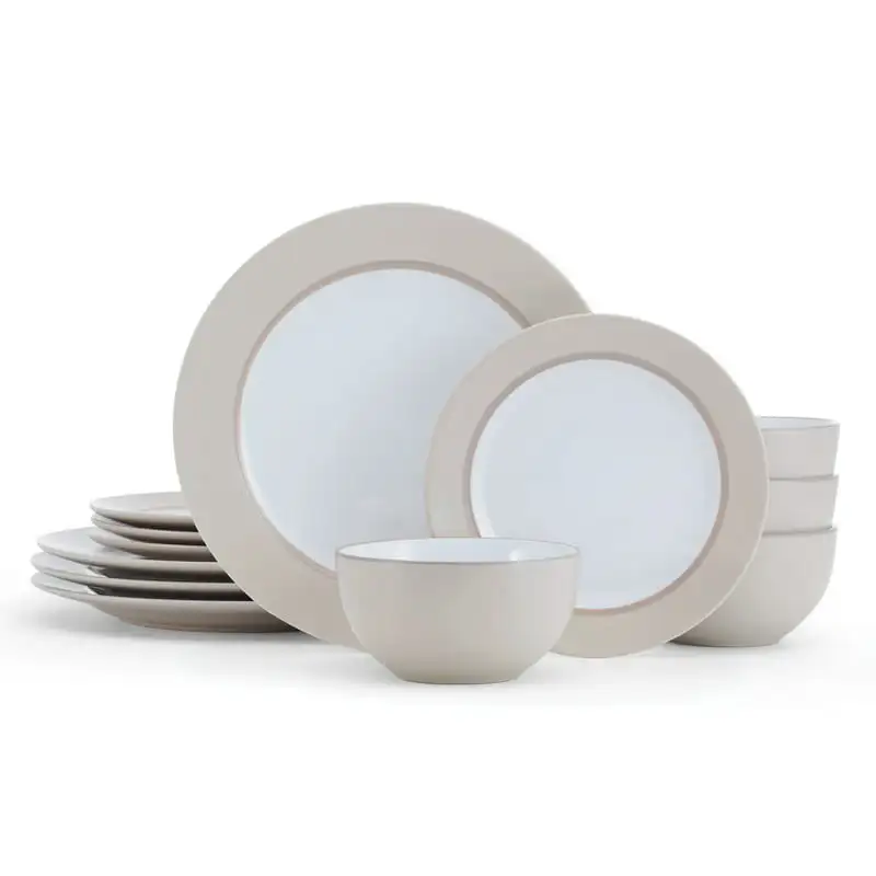 

Taupe 12-Piece Dinnerware Set Stoneware Round in White