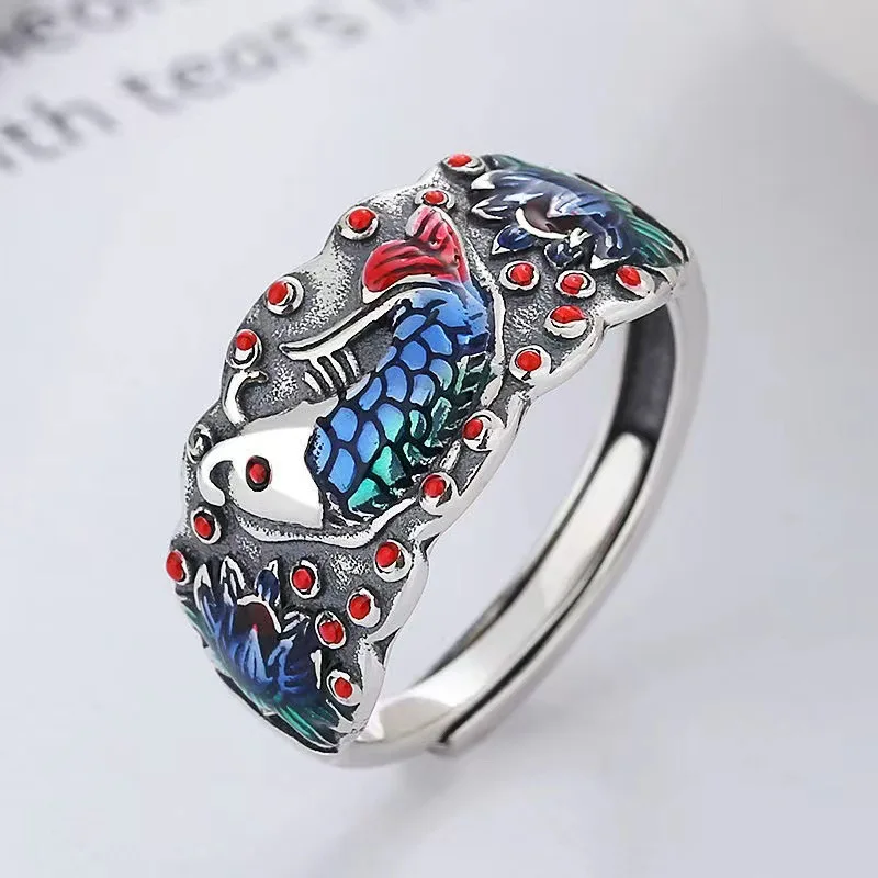 Koi Jumping Ring Vintage Glue Drop Colored Glaze Ethnic Style Opening Girl's Ring China-Chic New Year Gift
Koi Jumping Ring Vintage Glue Drop Colored Glaze Ethnic Style Opening Girl's Ring China-Chic New Year Gift