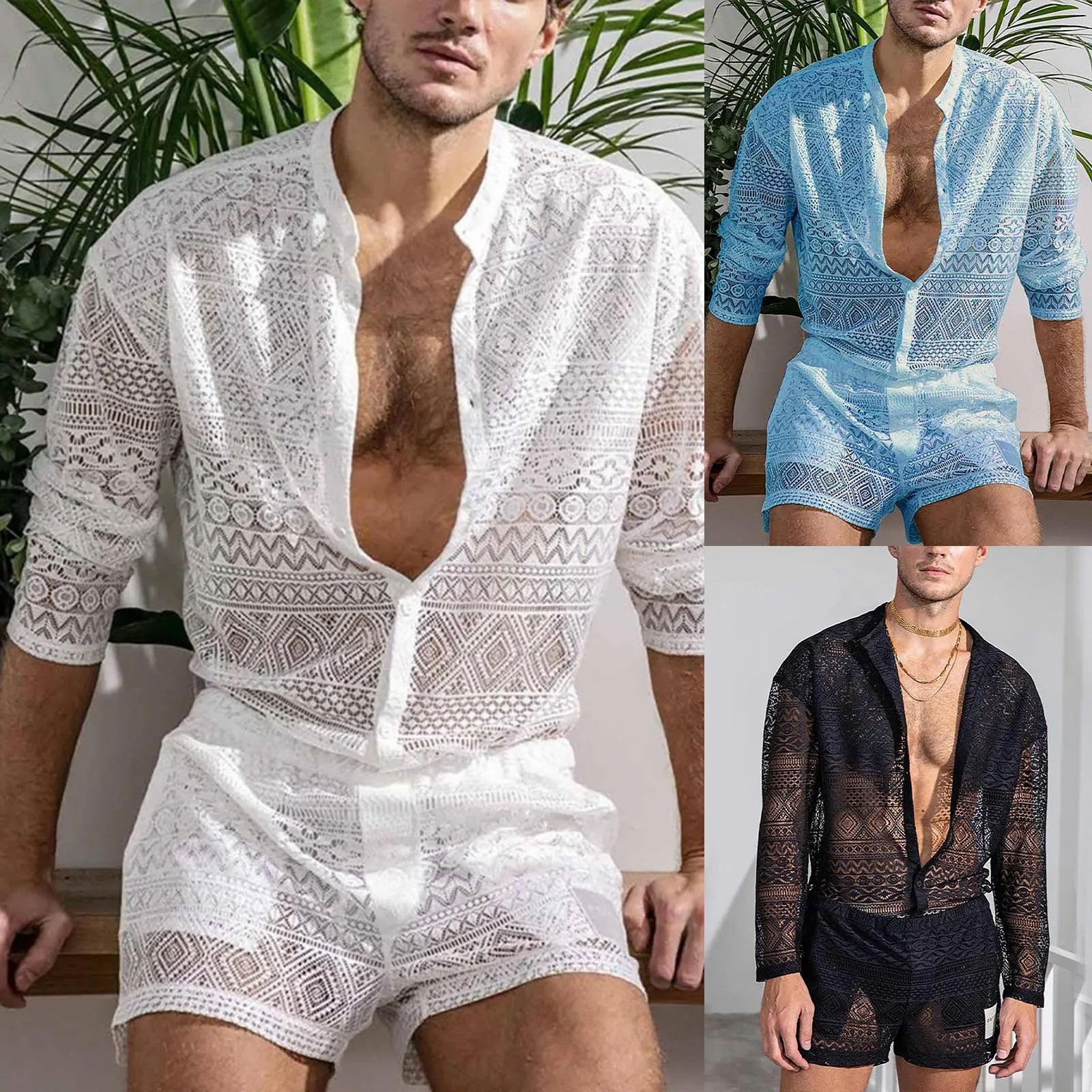 Men's Sexy Lace Fashion Suit Men 2Pcs Clothes Set Hollow Out See Through White Casual T Shirt Top Summer Shorts Suit Camiseta
Men's Sexy Lace Fashion Suit Men 2Pcs Clothes Set Hollow Out See Through White Casual T Shirt Top Summer Shorts Suit Camiseta