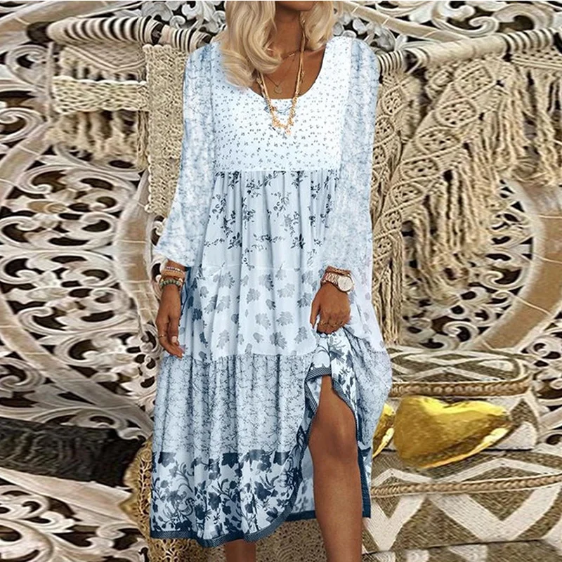 Loose Print Women Patchwork Dress Summer Casual Long Sleeve O Neck Robe Boho Beach Maxi Female Sundress
Loose Print Women Patchwork Dress Summer Casual Long Sleeve O Neck Robe Boho Beach Maxi Female Sundress