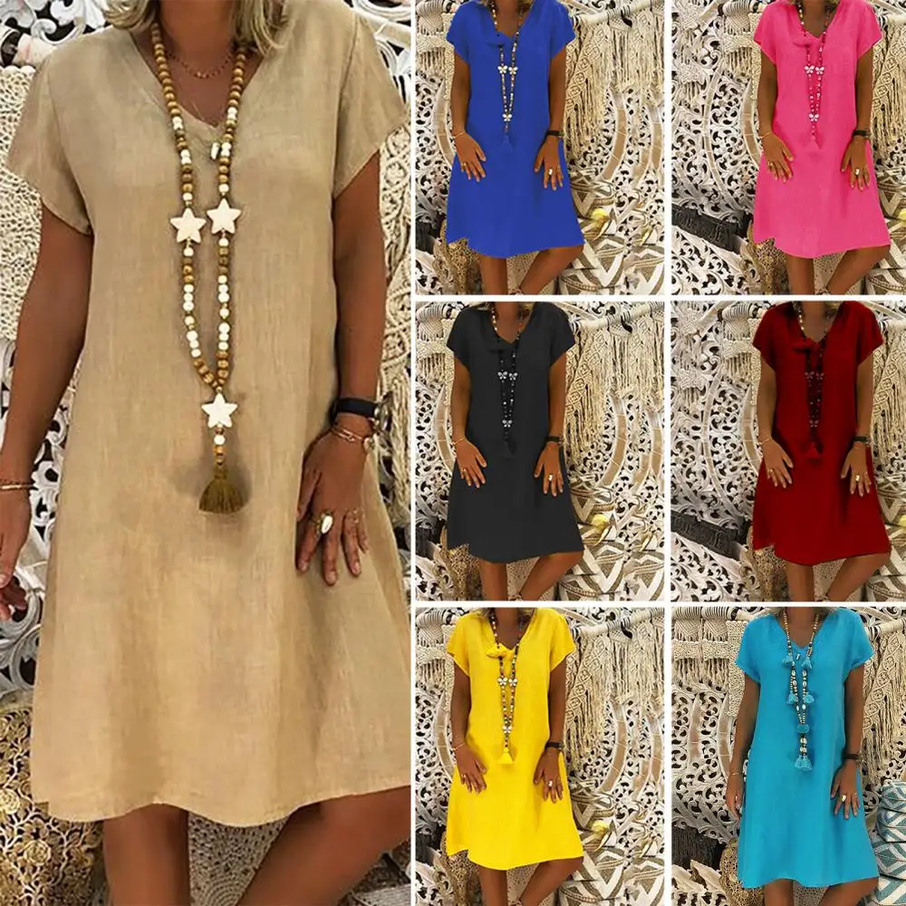 Women Summer Dresses Casual Beach Dress Linen Loose Solid Color Short Sleeve V Neck Dress
Women Summer Dresses Casual Beach Dress Linen Loose Solid Color Short Sleeve V Neck Dress